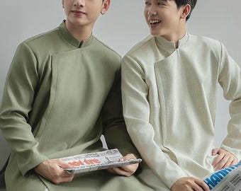 Modernized Ao Dai for Men with snap button, Ao Dai Vietnam, Pre-made Vietnamese Ao Dai, Men Ao Dai with Shoulder Pad, Ao Dai Tet
