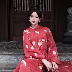 SCARLET Vietnamese Organza Ao Dai for Women, Ao Dai for Girls, Ao Dai Vietnam, Ao Dai with Double Layers, Ao Dai Tet