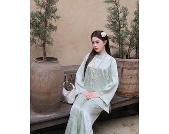 Bamboo Brocade Ao Ba Ba Set, Set Ba Ba Di Chua, Vietnam Traditional Silk Clothes 01