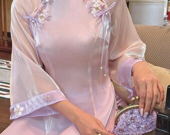Linh Lan Vietnamese Floral Embellishment Ao Dai for Women, Ao Dai for Girls, Ao Dai Vietnam, Embroidery Ao Dai with Double Long Sleeves