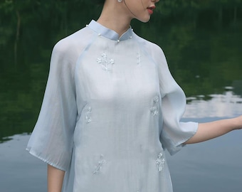 YEN Vietnamese Floral Embroidered Ao Dai for Women, Ao Dai for Girls, Ao Dai Vietnam, Embroidery Ao Dai with Double Long Sleeves