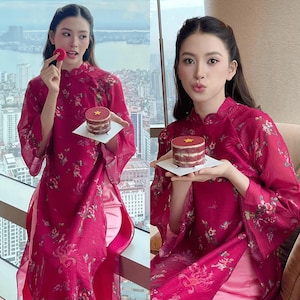 TRANG Printed Tussah SIlk Ao Dai for Women, Ao Dai for Girls, Ao Dai Vietnam, Ao Dai with  Long Sleeves