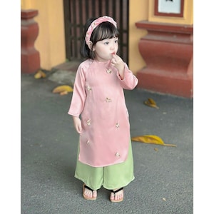 Lovely Light Pink Silk Ao Dai Set with Scarf for Girls, Daughter Ao Dai Set with Headband, Pre-made Traditional Vietnamese Ao Dai