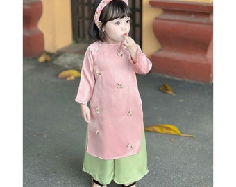 Lovely Light Pink Silk Ao Dai Set with Scarf for Girls, Daughter Ao Dai Set with Headband, Pre-made Traditional Vietnamese Ao Dai