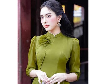 Flower Organza Traditional Ao Dai for Women, Ao Dai for Girls, Ao Dai Vietnam, Silk Ao Dai Set