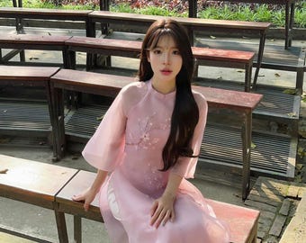 ANH DAO Vietnamese Modern Ao Dai for Women, Ao Dai for Girls, Ao Dai Vietnam, Silk Ao Dai with Flower Embellishments