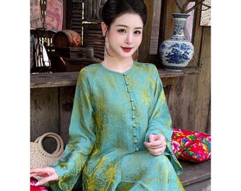 Metallic Tencel Silk Ao Ba Ba Set, Set Ba Ba Di Chua, Vietnam Traditional Silk Clothes 02