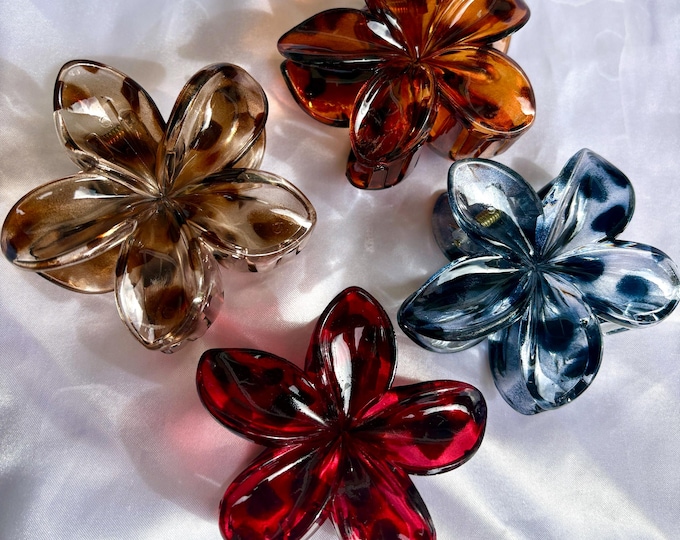 Cheetah Print Hibiscus Flower Hair Clips, Brown Black Grey Red, Hair Claw