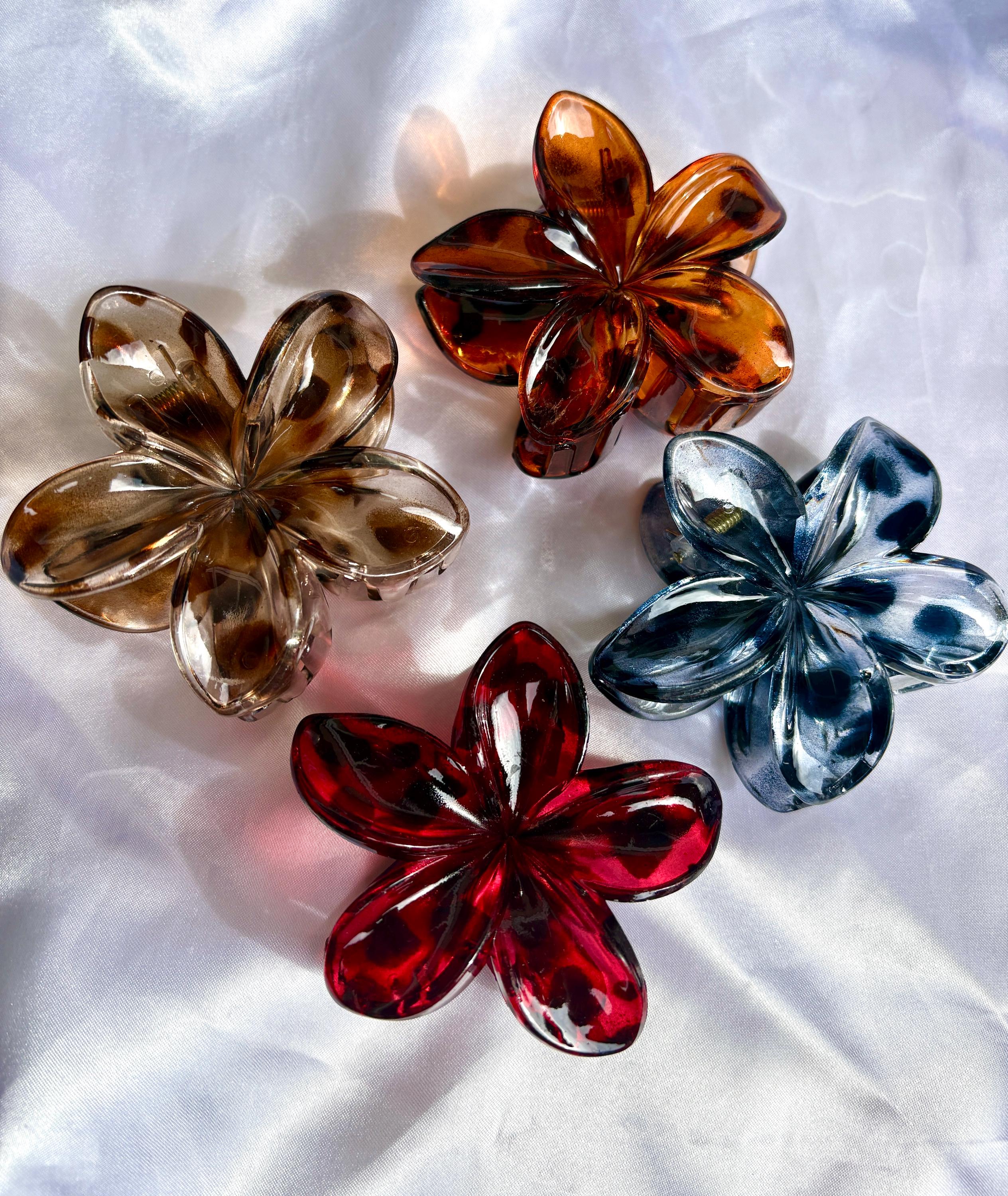 Cheetah Print Hibiscus Flower Hair Clips, Brown Black Grey Red