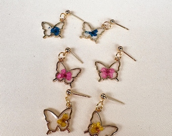 Gold Butterfly Resin Earrings with Real Flowers