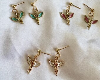 Gold Angel Dangle Earrings, Pink, Blue, or White