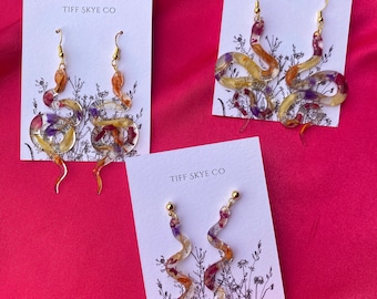 Floral Snake Earrings, resin, dried flowers, scale texture, petals, colorful, custom