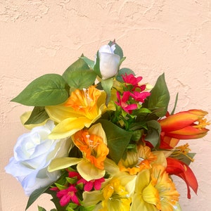 Bright Orange, Pink, Yellow, and White Faux Flower Bouquet, Fake Flowers, Artificial Flowers, Bridal Bouquet, Bridesmaid, Tropical Flowers