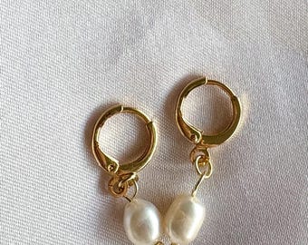 18k Gold Freshwater Pearl Huggies, Gold Hoop Earrings