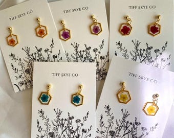 Floral Hexagon Dangles, Gold Resin Earrings, Dried Pressed Flowers and Petals