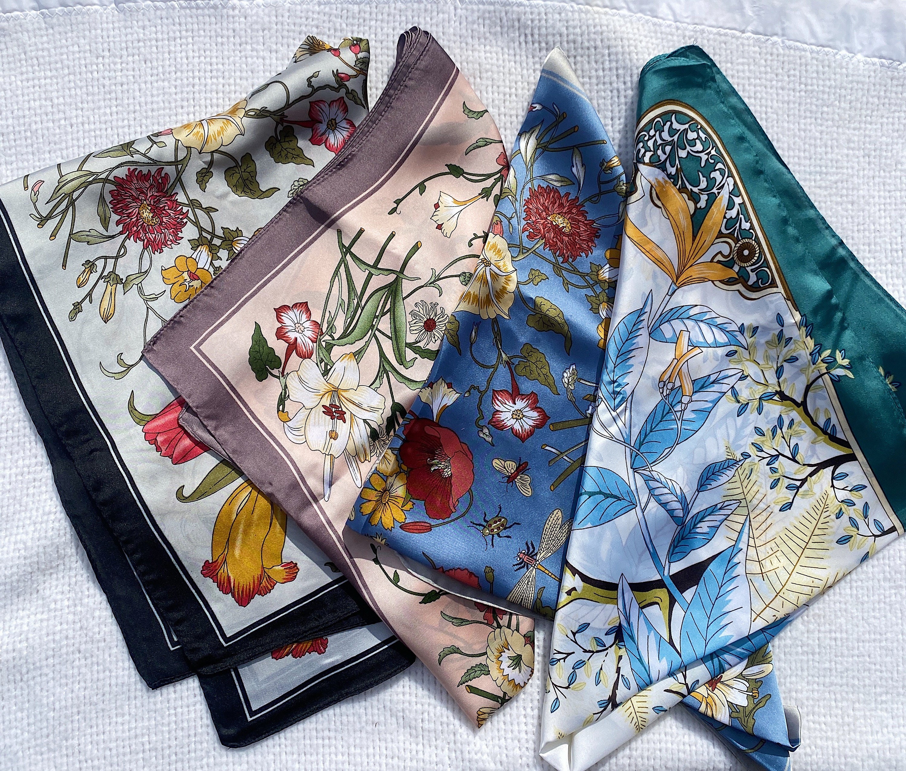 Satin Hair Scarves Butterflies Flower Leaf, beautiful bandanas, Silky Hair Scarf