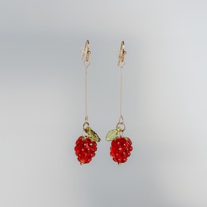 Dangly Raspberry Earrings, Gold, Raspberries, Fruit Jewlery
