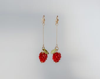 Dangly Raspberry Earrings, Gold, Raspberries, Fruit Jewelry