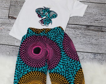 Toddler Boys African Print Shorts Set: Elephant Applique Shirt