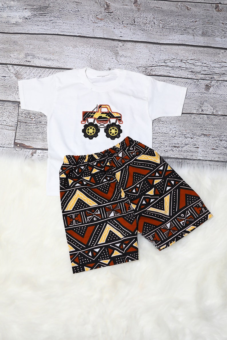 African Kids clothing/ Boys outfit/ shorts & shirt set/Monster truck Boys sets/ mud clothing/ ankara Boys set/tshirt Boys set/applique shirt zdjęcie 1