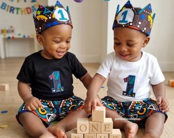 African 1st  Birthday Outfit: 3 pieces Mudcloth Shirt & Shorts Set ,fabric crown