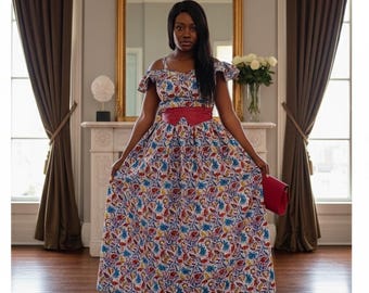 Flowered African Print Dress: Ankara Cotton Long Dress, Handmade in USA