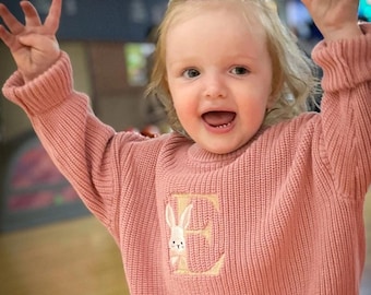 Easter Bunny Embroidered Personalize Oversized Name Kids Toddler Baby Sweater