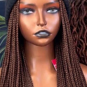 Peruca com gorro trançado feito à mão, peruca box braids, tranças sintéticas castanhas com gorro preto, peruca protetora, pronta para usar.