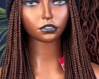 Handmade Braided Beanie Wig, Box Braid Hat Wig, Synthetic Brown Braids with Black Beanie, Protective Style Unit, Ready to Wear