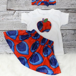 African Print Toddler Skirt Set: Apple Applique, Headband