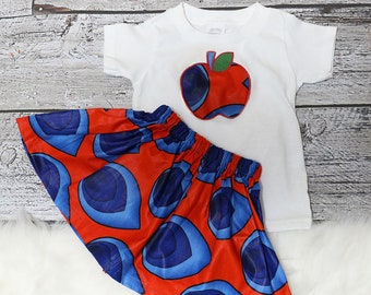 African Print Toddler Skirt Set: Apple Applique, Headband