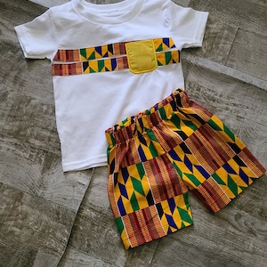 African boys tshirt pants/ boys pants/boy outfit/ short pants/ boys set/white striped shirt/tshirt/kente boys stripe set/African boys tshirt