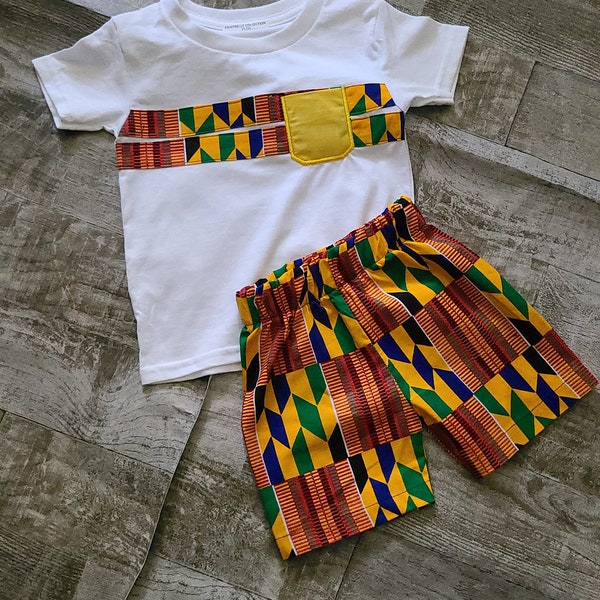African boys tshirt pants/ boys pants/boy outfit/ short pants/ boys set/white striped shirt/tshirt/kente boys stripe set/African boys tshirt