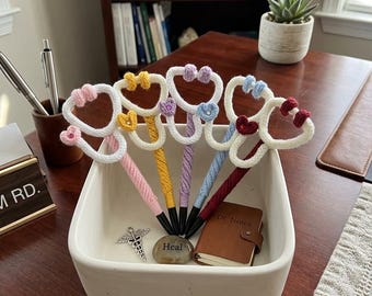 Hand-Crocheted Stethoscope Pen, Yarn Wrapped Wire Frame, Heart Accent, Nurse Gift