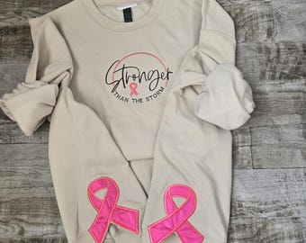 Breast Cancer Awareness Sweatshirt, Side Bow Cut-Out, Stronger Than The Storm