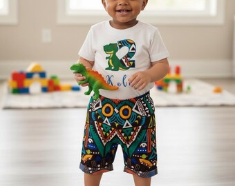 Customized dinosaur birthday tshirt and short pants. Two piece birthday embroidered outfits.