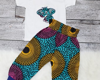 African print / Ankara | Elephant Applique embroidery | Girls Pants set