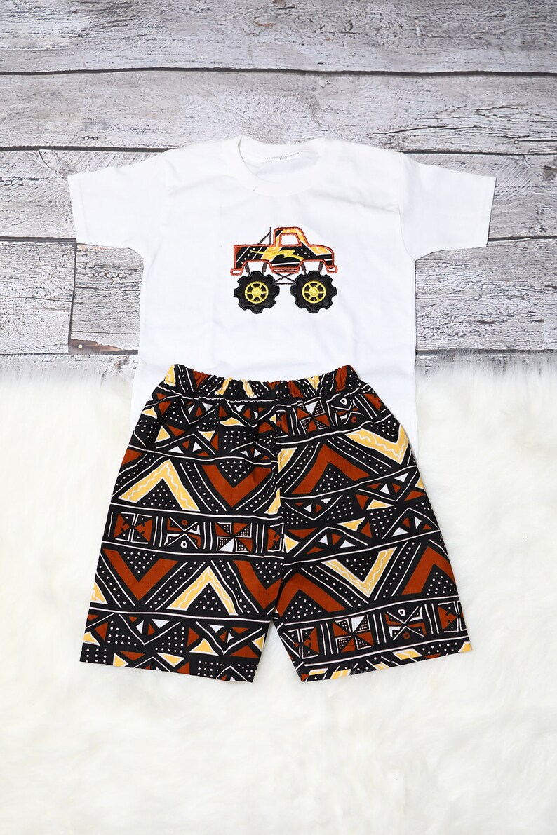 African Kids clothing/ Boys outfit/ shorts & shirt set/Monster truck Boys sets/ mud clothing/ ankara Boys set/tshirt Boys set/applique shirt zdjęcie 3