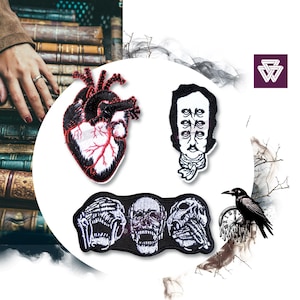 May include: Set of five embroidered iron-on patches featuring a red anatomical heart, a black and white skull with a toothy grin, a black and white skull with its hands over its eyes and mouth, a black and white portrait of a man with six eyes, and a black and white crow.