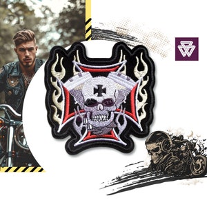 Biker Skull Embroidered Patch Iron on | Cross Emblem Flames Applique Fire Sticker| Dark Back Ornament for Motorcycle Leather Jacket