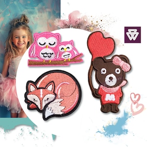 May include: A set of five embroidered iron-on patches featuring a pink owl with a baby owl, a red heart balloon, a brown bear holding a red heart balloon, and a sleeping orange fox.