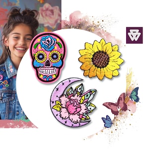 May include: Four embroidered iron-on patches: a pink sugar skull with blue and yellow details, a yellow sunflower, a purple crescent moon with a pink flower and crystals, and a butterfly.