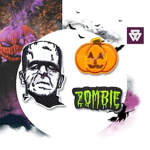 Op de afbeelding: Drie Halloween-thema strijklabels. Een zwart-witte Frankenstein-monster, een groen-zwarte "ZOMBIE"-patch en een oranje pompoen met een jack-o'-lantern gezicht.