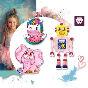 Peut inclure: Trois patchs brodés thermocollants représentant un éléphant rose, un robot jaune et une licorne mangeant une pastèque. Les patchs sont colorés et fantaisistes.