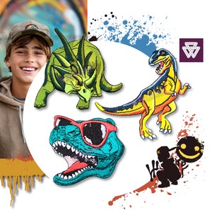 May include: Four colourful embroidered iron-on patches featuring dinosaurs. The patches include a green triceratops, a yellow and blue T-Rex, a blue dinosaur with sunglasses, and a black and white cartoon dinosaur.