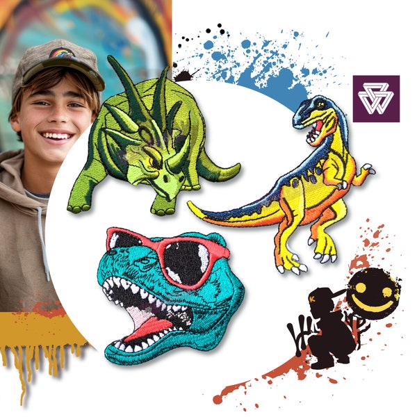 Cool Trex Embroidered Patch Iron on | Dinosaur in Sunglasses | Green Triceratops | Teenager Gift for Hoodies and Backpack