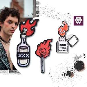 Steampunk Lighter Embroidered Patch Iron on | Poison Bottle | Skull Flame Burning Match Cool Stickers for Leather Jacket