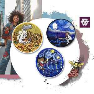May include: Three embroidered iron-on patches. One patch features a sunflower field with a person taking a selfie. Another patch features a starry night sky with a person sitting on a bench. The third patch features a starry night sky with a person standing in a field.