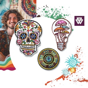 Può includere: Tre toppe ricamate da stirare: un teschio di zucchero colorato, una lampadina con funghi all'interno e un design a forma di mandala.