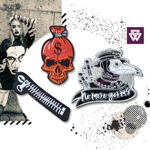 Mock Zipper Embroidered Patch Iron on | Masked Plague Doctor | Dollar Art Skull Patch for Punk Leather Jacket